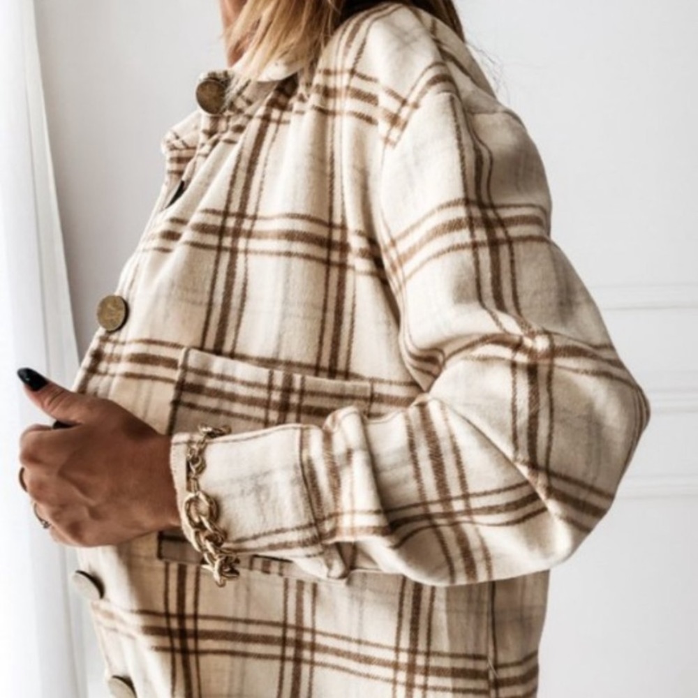 SOLD OUT Beige Plaid Flannel Oversized Shacket Shirt Jacket - Picture 3 of 4
